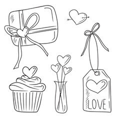 Collection of cute elements: package with hearts, candies on sticks, cupcake with cream, arrow, tag with ribbon. Hand drawn vector illustration sketch in doodle engraved vintage outline style.