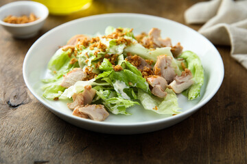 Homemade chicken salad with crunchy onion