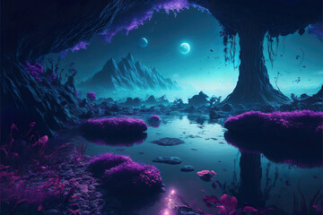 Fototapeta na wymiar colorful futuristic view of the alien lake, generative ai