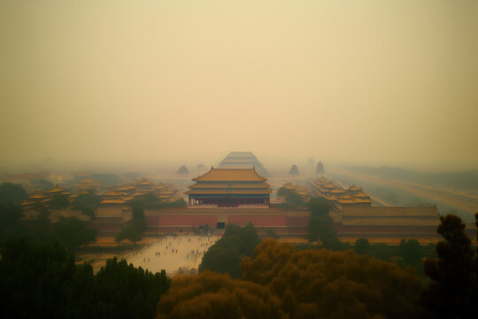 Beijing's Forbidden City As Seen Through The Smog. Taken In Jingshan Park From The Top Of The Hill. Generative AI