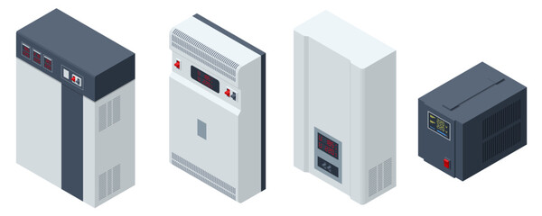 Isometric Voltage regulators set icons. A voltage regulator is a system designed to automatically maintain a constant voltage. - obrazy, fototapety, plakaty