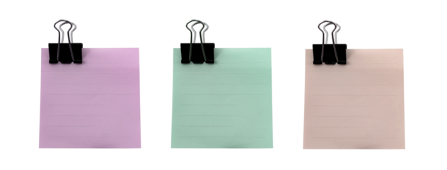 Paper clip on colored paper for notes and records. Stationery items for the office