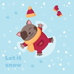 Fototapeta na wymiar Cat in the snow. Happy snow angel. Winter vibe illustration. Winter card. Vector illustration in flat cartoon style