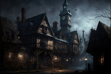haunted halloween gothic dark castle in the night, generative ai - obrazy, fototapety, plakaty