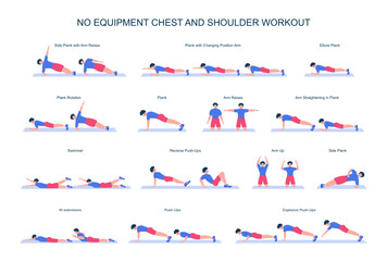 No equipment chest and shoulders workout set. Male character doing exercises