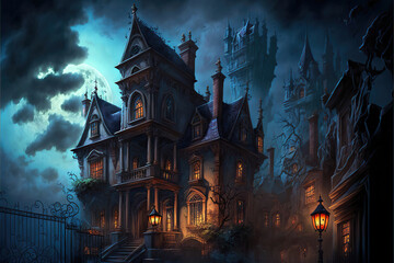 Obraz premium haunted halloween gothic dark castle in the night, generative ai