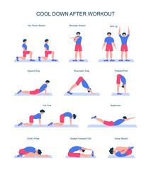 Cool down after workout exercise set. Male character doing stretching