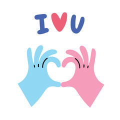 I love you lettering with hands silhouette. Flat cartoon clip art isolated on white. 