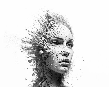exploding statue woman statue head. AI