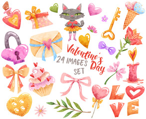 Valentines day watercolour set of elements. Cat, letter, potion, bow, ice cream, cupcake, flowers, hearts and others