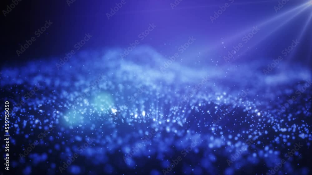 Poster abstract blue glowing energy waves from particles and magical dots with blur effect on dark backgrou