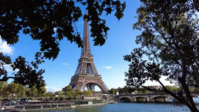 A View Of The Famous Eiffel Tower From Afar In Paris, France. Wide Shot