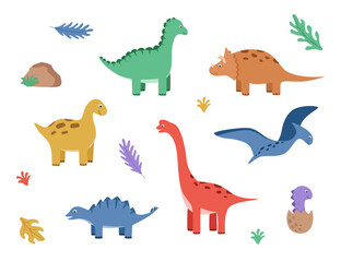 Cartoon set of funny dinosaurs. Vector illustration of cute dinosaur characters.