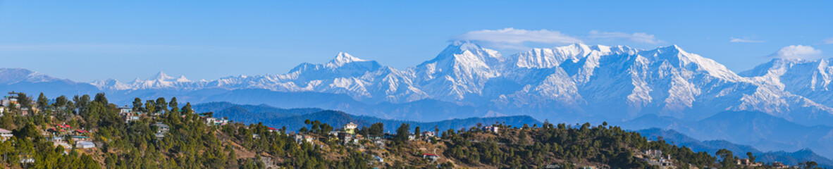 Panoramic view of Himalayan Mountain Ranges at Kasardevi, Nanital, Uttarakhand, Kumani Range....