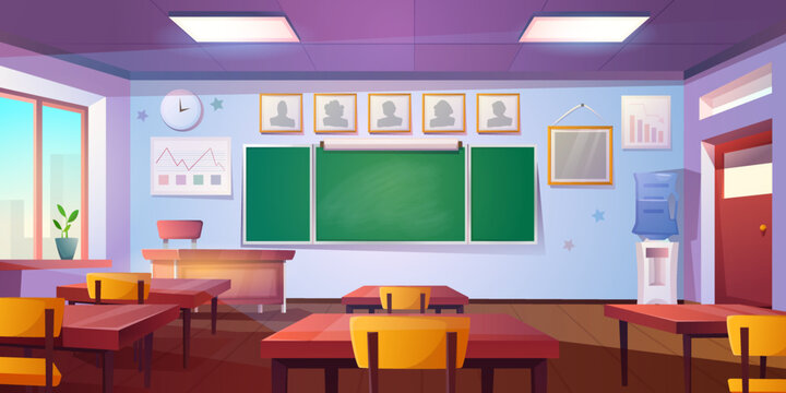 Cartoon empty classroom. Education school or college class interior with green blackboard, teacher and pupil tables, wooden chairs. Room for studying with clock hanging on wall, posters, water cooler.