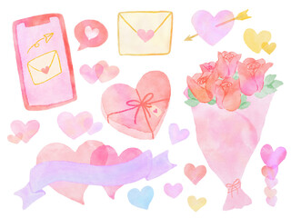Valentine's Day hearts and decoration hand drawn watercolor illustration set / バレンタインデーのハートとあしらい 手描き水彩イラストセット