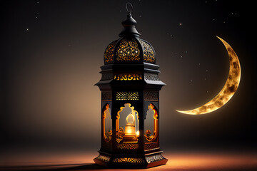 Ramadan lantern with crescent moon on night sky background - obrazy, fototapety, plakaty
