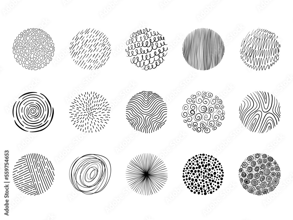 Poster abstract hand drawn scribble shapes. minimalist circle background with doodle pattern, spiral hatchi