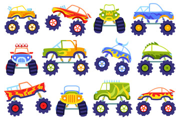 Cartoon monster trucks. Kids cars with big wheels, extreme race truck and heavy vehicles vector Illustration set