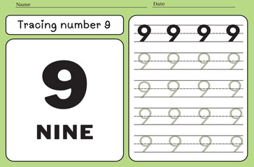 Number 9. tracing practice worksheet for kids learning to count and write worksheets for learning number