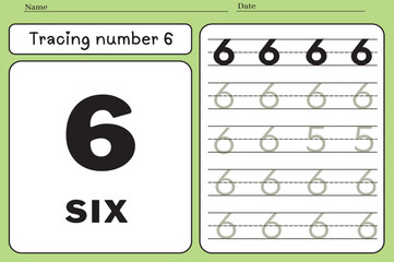 Number 6. tracing practice worksheet for kids learning to count and write worksheets for learning number