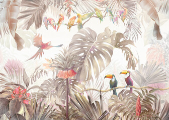 Tropical vintage botanical landscape, palm tree, plant, palm leaves, birds, parrots. 