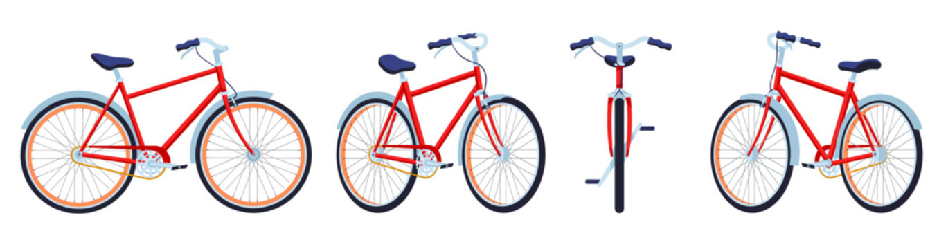 Cartoon bicycle. City bike front, side and back views. Healthy lifestyle transport vector illustration set