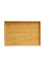 Close-up shot of a rectangular bamboo serving tray for a tea ceremony. A wooden tea tray with raised edges is isolated on a white background. Front view.