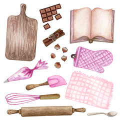 Fototapeta na wymiar Baking watercolor set with kitchen utensils, mixer, chocolate, potholders, spoon, clay jag, whisk on white background. Cooking clipart. Baking illustration