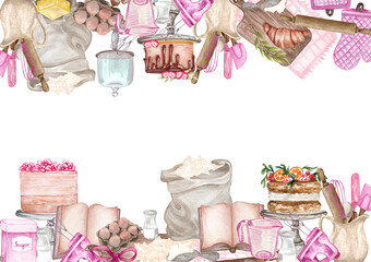 Baking watercolor set with kitchen utensils, mixer, chocolate, potholders, spoon, clay jag, whisk on white background. Cooking clipart. Baking illustration