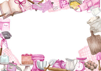 Baking watercolor set with kitchen utensils, mixer, chocolate, potholders, spoon, clay jag, whisk on white background. Cooking clipart. Baking illustration