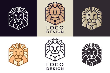 Stylized geometric Lion head illustration. Vector icon tribal design in 6 different styles