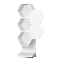 Mockup Hexagonal Retail Shelves Floor Display Rack For Supermarket Blank Empty. Cell. Cardboard . Mock Up. 3D On White Background Isolated. Ready For Your Design. Product Advertising. Vector EPS10 - 559756691