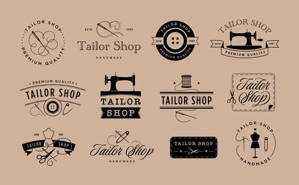 Tailor shop emblem. Elegant dressmaker label, atelier tag with dummy, needle and thread vector illustration set