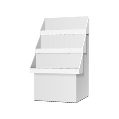 Mockup Up Cardboard Retail Shelves Floor Display Rack For Supermarket Blank Empty. Mock Up. 3D On White Background Isolated. Ready For Your Design. Product Advertising. Vector EPS10 - 559756825
