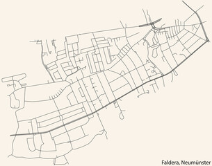 Detailed navigation black lines urban street roads map of the FALDERA QUARTER of the German town of NEUMÜNSTER, Germany on vintage beige background