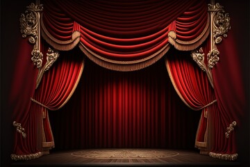 Empty theater stage with red velvet curtains, ai generated - obrazy, fototapety, plakaty