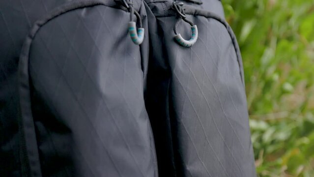 Black zipper panel and modern luggage bag, Close up macro detail of textile designer bag