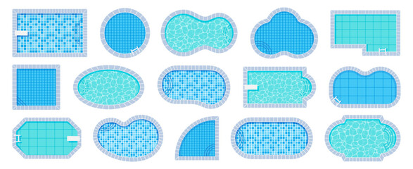 Top view pool. Swimming pools of different shapes with tile and water caustics texture vector illustration set