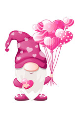 Cartoon Valentines gnome with heart shaped balloons. Greeting Valentine s day