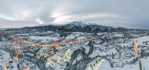 Drone panorama of Zakopane and Tatras Mountains in winter - obrazy, fototapety, plakaty