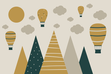Vector hand drawn childish wallpaper with mountains, balloons and clouds. Modern 3D wallpaper for the children's room.