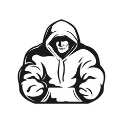 illustration of guy Hood over face a little, while looks down and to one direction and face is shadowed out. Arms are jacked with muscle in pocket of hoodie. vector illustration