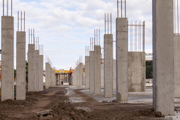 construction of an industrial building site with a line of concrete columns and reinforcing steel 