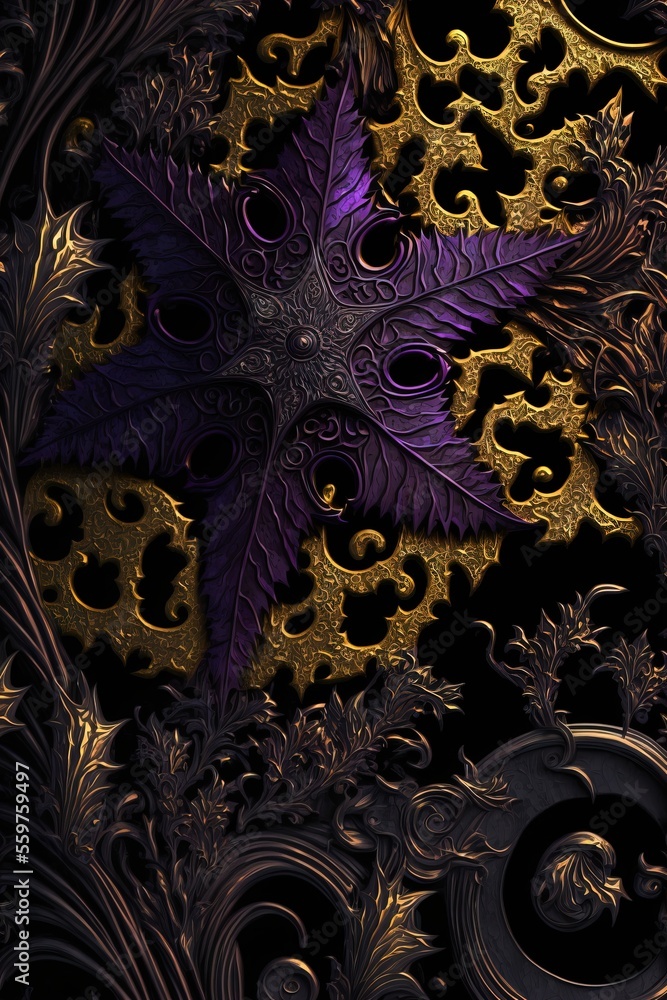 Aufkleber a purple and gold abstract design with swirls and leaves on a black background with a spiral design 