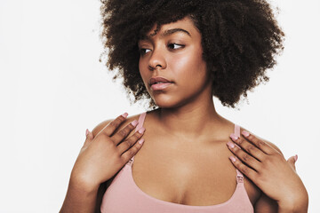 Black female touching bra straps