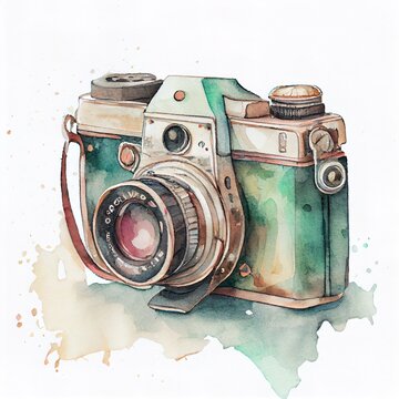 Retro watercolor camera with a vintage feel. Generative ai