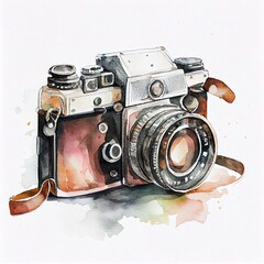 Vintage retro watercolor camera. Perfect for photography logo. Generative AI