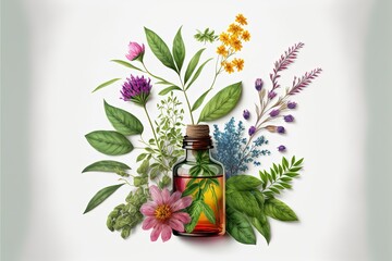 essential oils and medical flowers herbs on white background, ai generated