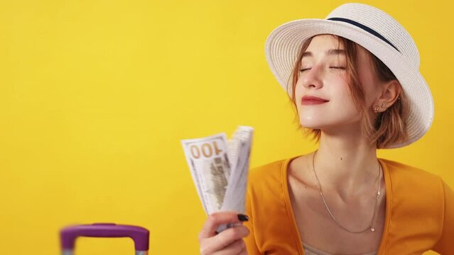 Vacation dream. Rich woman. Imagination power. Happy confident lady blowing herself with cash dollars like fan posing on yellow background copy space.